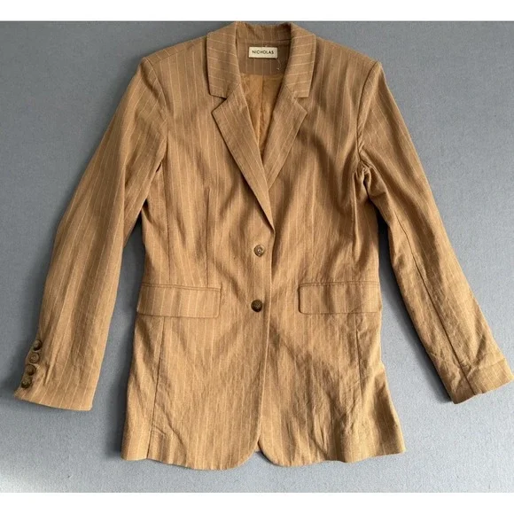 Nicholas Women US 8 Oversized Linen Blazer Charlee Camel Brown Tan Pinstripe